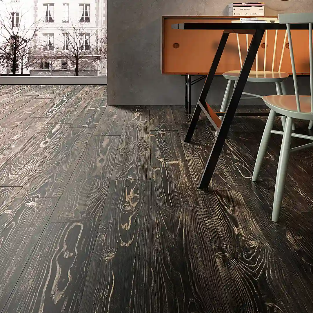 dark brown floor in diningroom